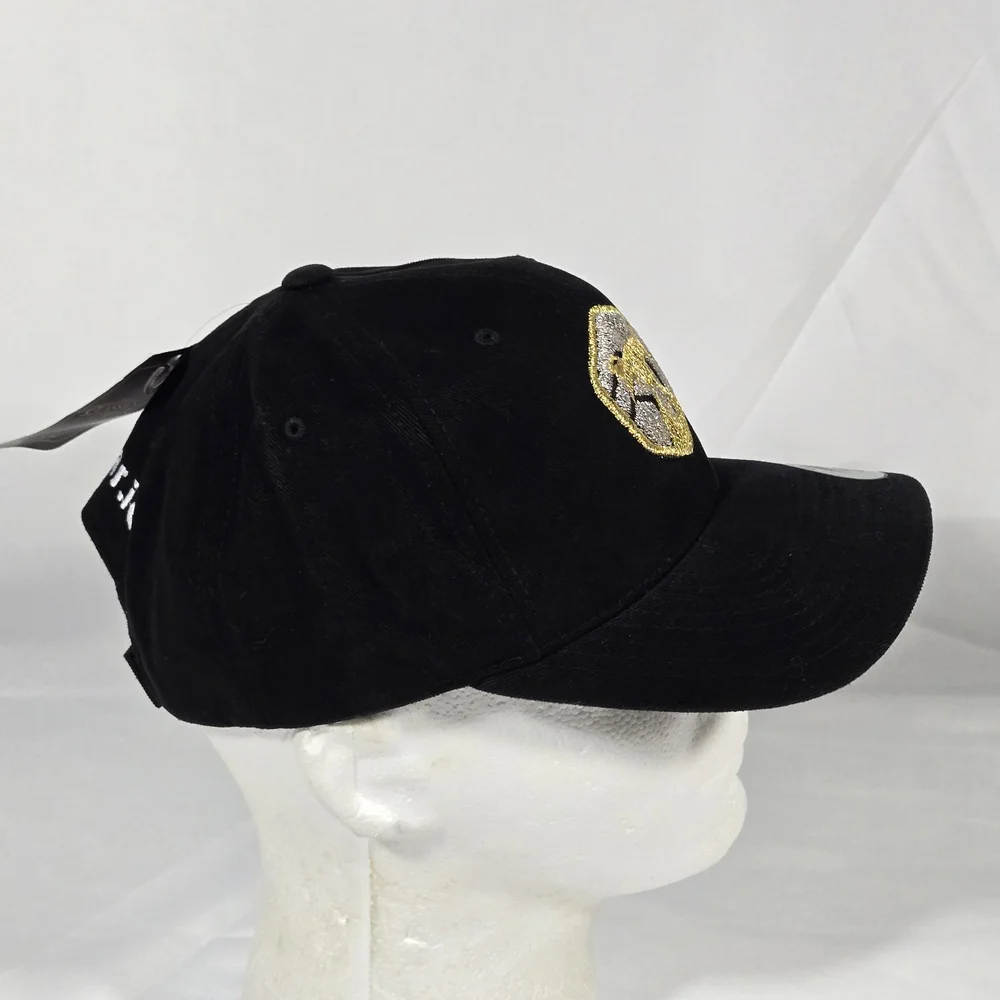 Black Baseball Cap with Gold & Silver Embroidered Crest - Adjustable